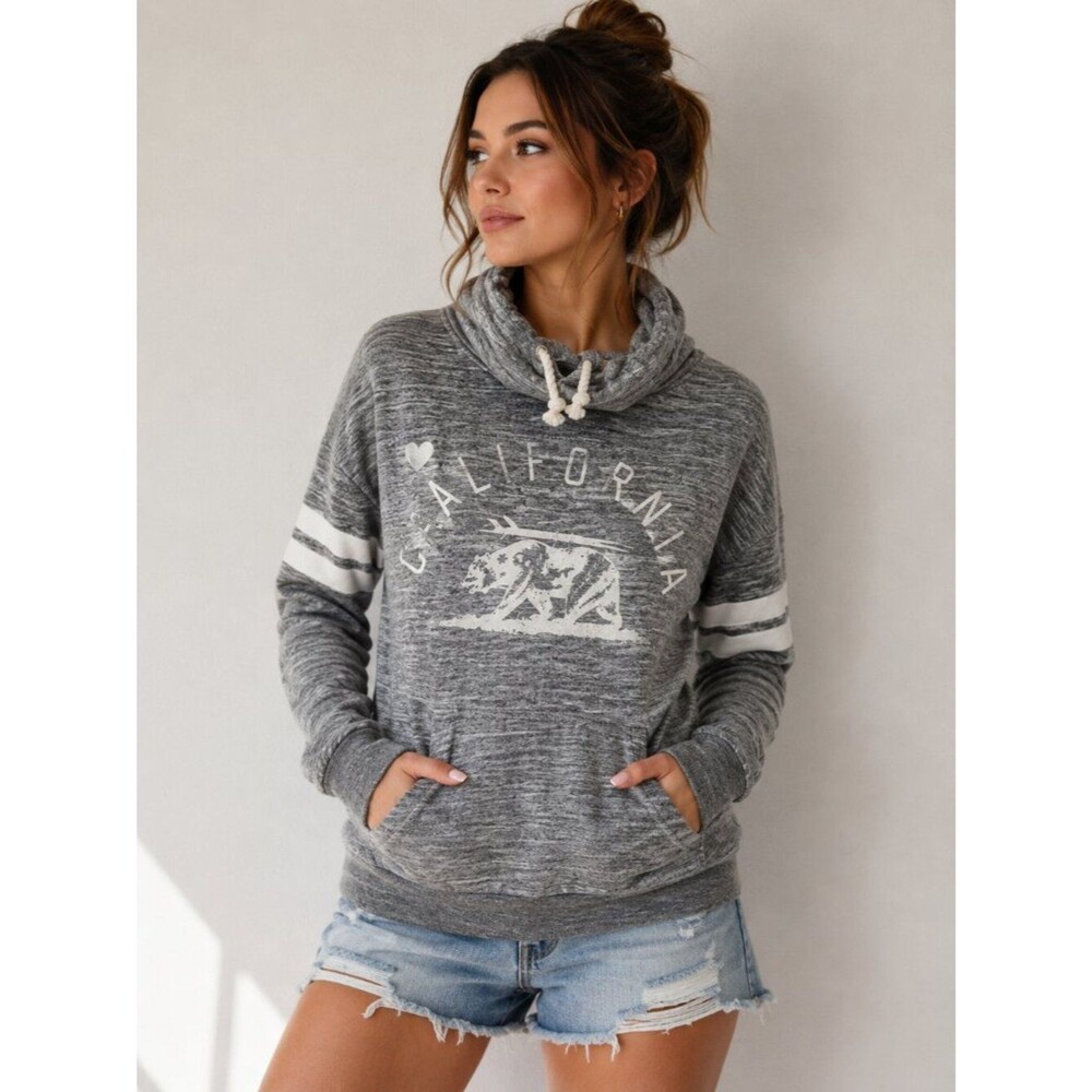 Reflex California Bear Cowl Neck Sweatshirt Gray Varsity Coastal Casual Pullover
